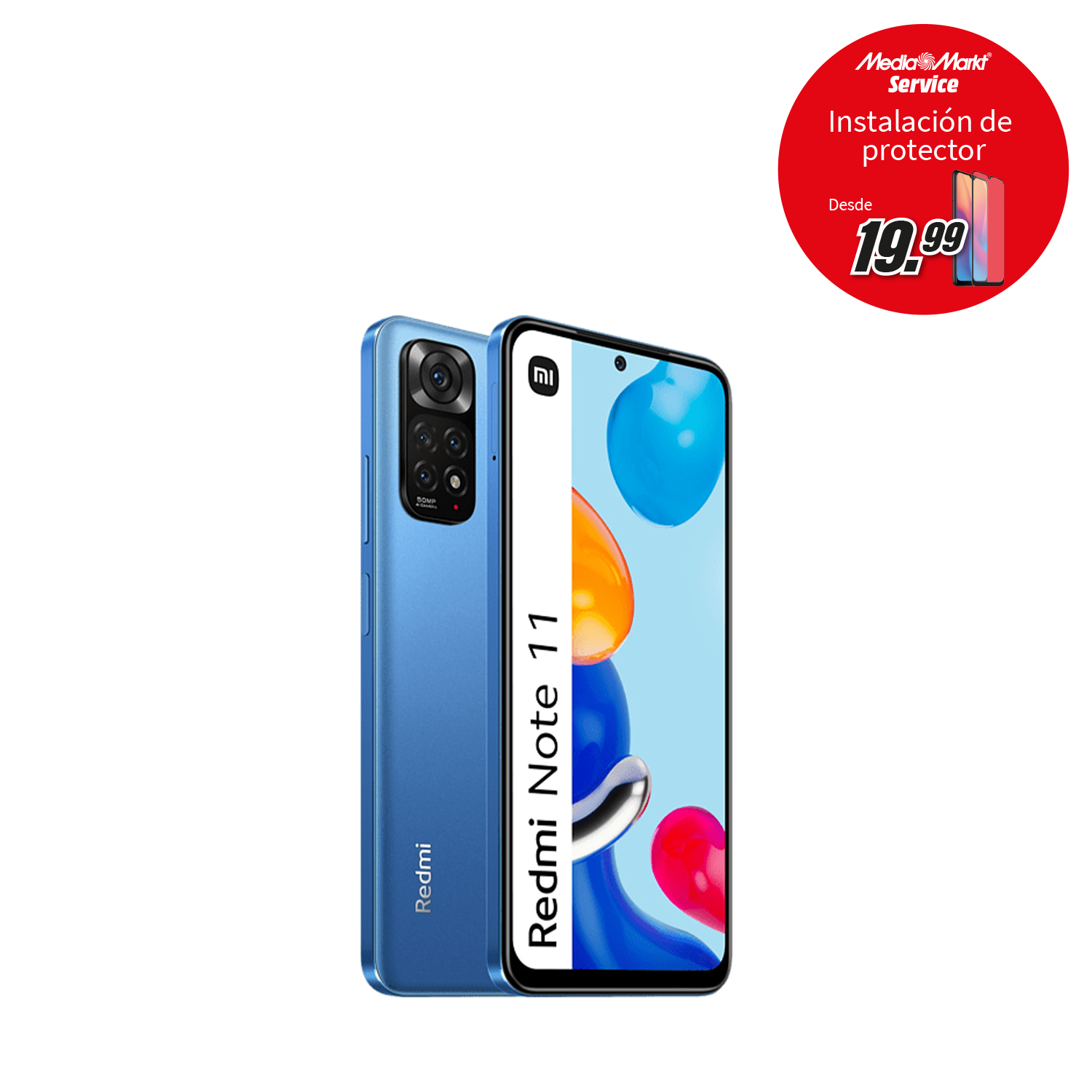 Teléfono azul Redmi Note 11. Cámaras traseras visibles. Pantalla con gráficos coloridos. Etiqueta MediaMarkt en círculo rojo.