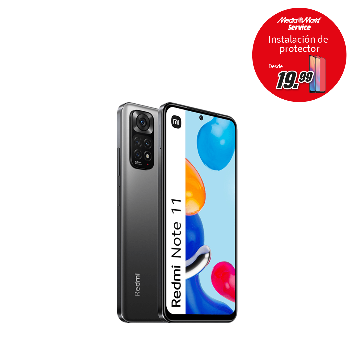 Un teléfono Redmi Note 11, que se muestra desde el frente y la parte trasera, con una etiqueta de precio.
