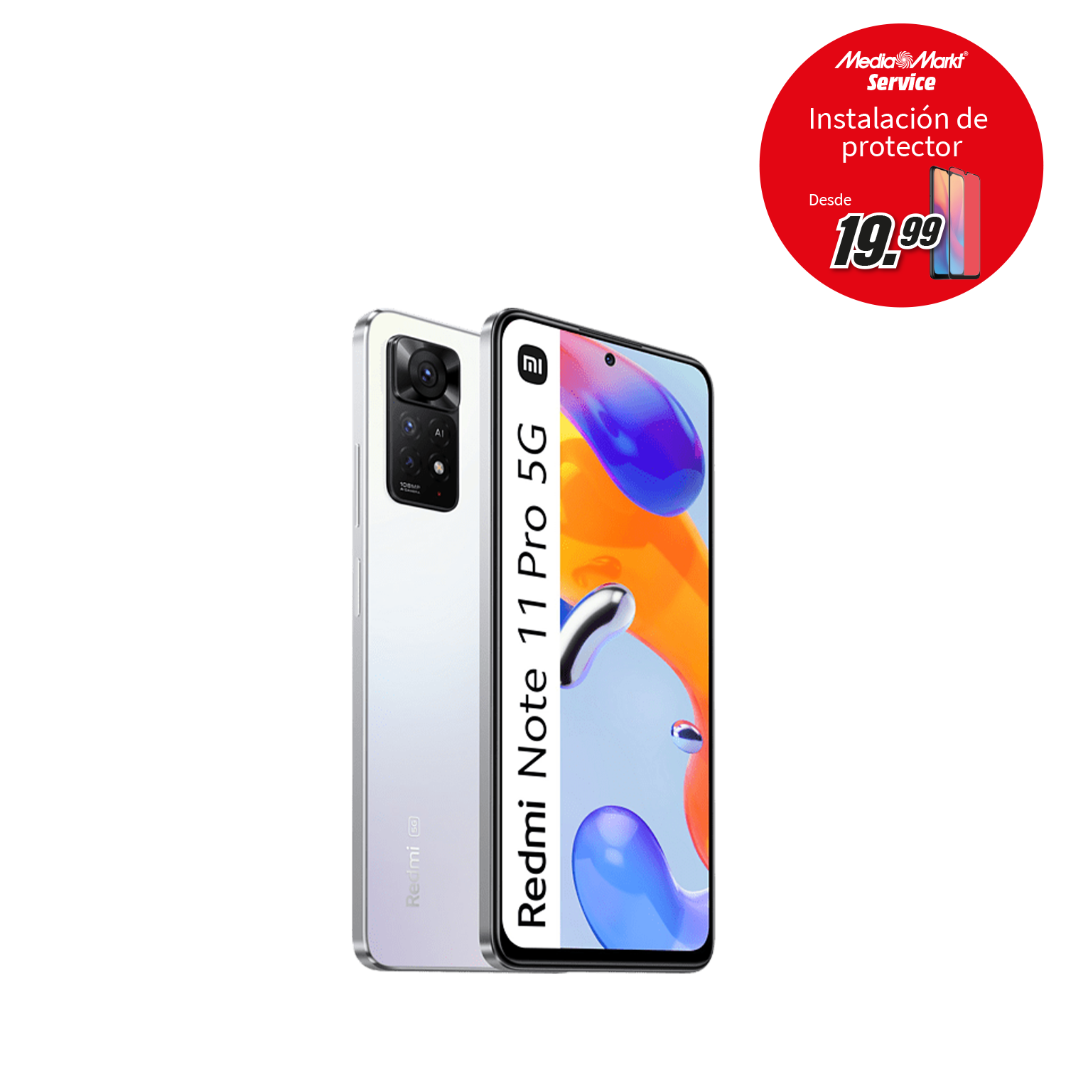 Teléfono blanco con parte trasera blanca y módulo de cámara negro, un círculo rojo con precio.