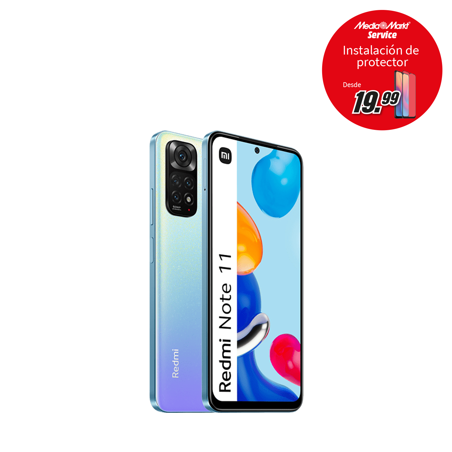 Dos smartphones uno al lado del otro sobre un fondo negro con texto y una pegatina de Mediamarkt.