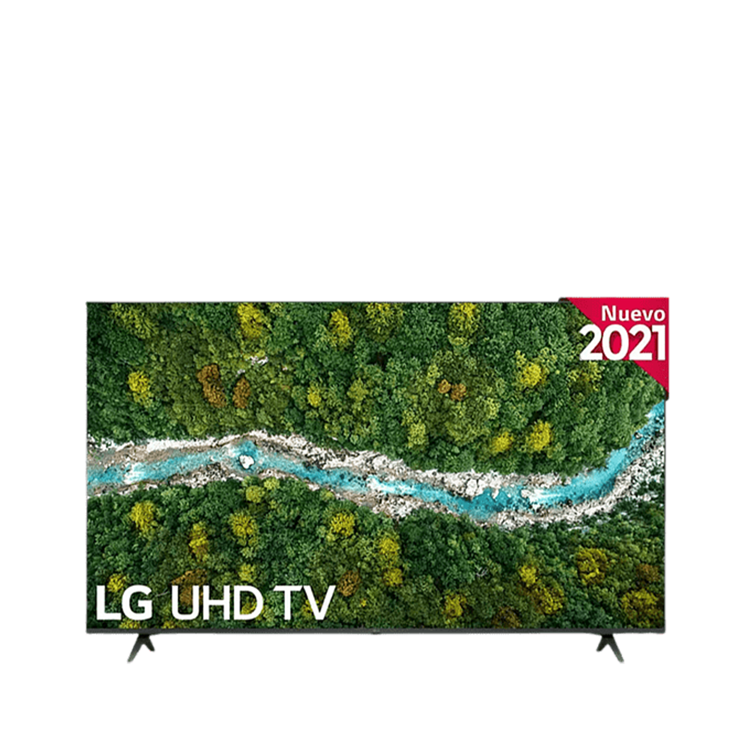 Un televisor muestra un río y un bosque verde. Una etiqueta roja dice 'Nuevo 2021'.