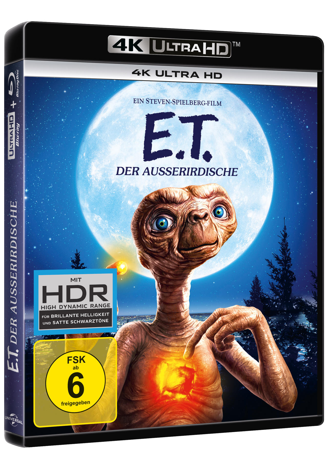 E.T.-Filmcover. E.T. zeigt unter einem Vollmond auf das Publikum.