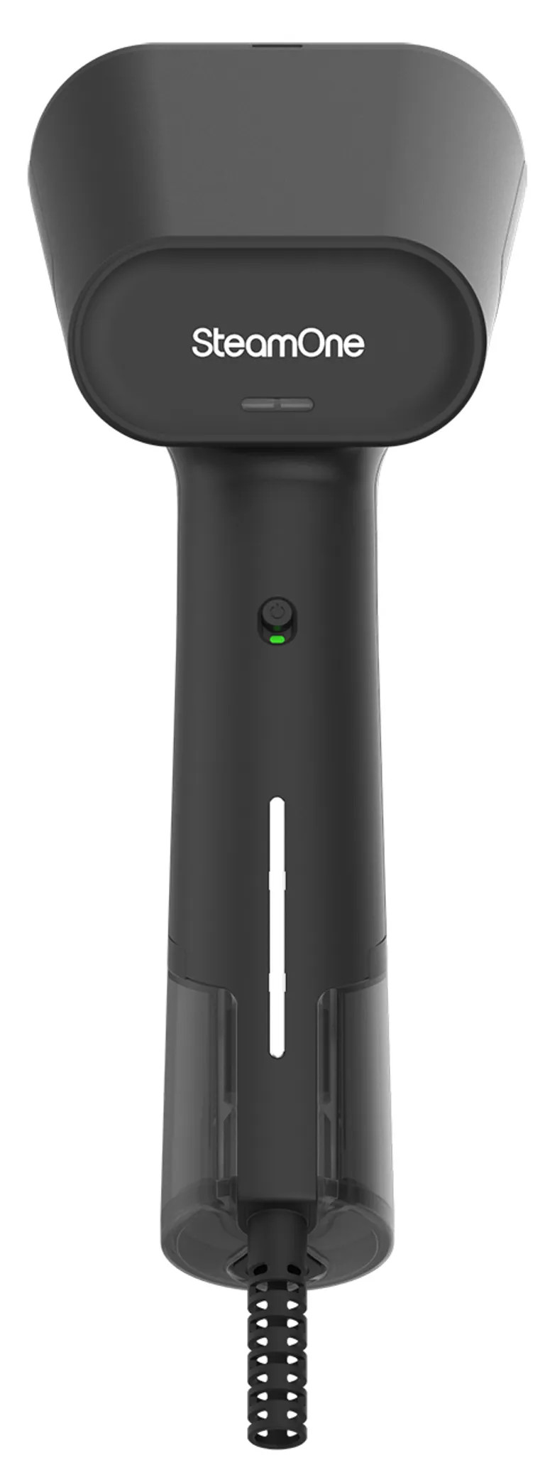 Zwarte SteamOne stoomreiniger met transparant waterreservoir en indicatielampjes.
