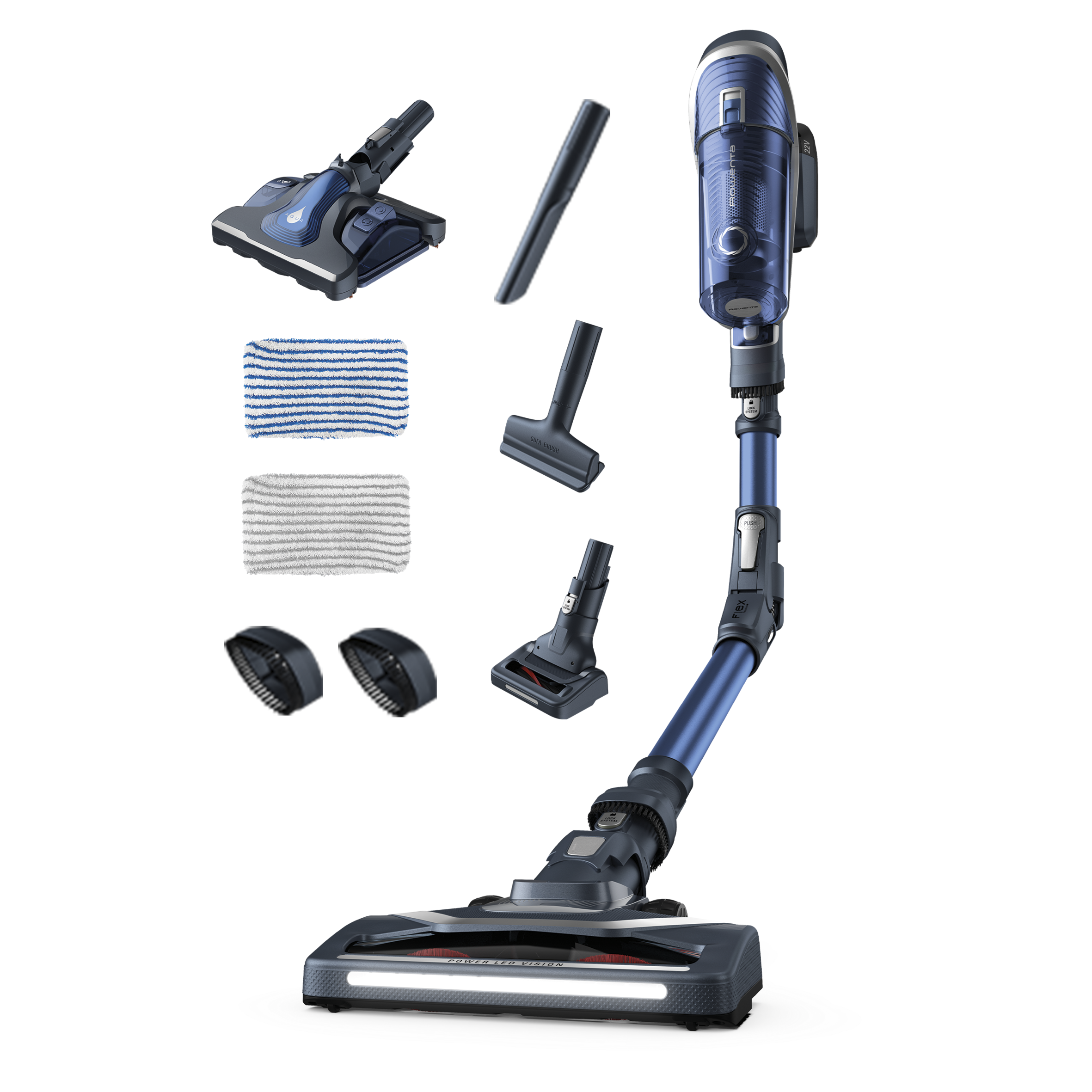 Aspirador escoba - Rowenta RH9695 X-Force 8.50 Aqua, 22 V, Depósito 0.55 L, Autonomía 35 min, Tecnología Ciclónica, Multisuperficie, Boost, Azul