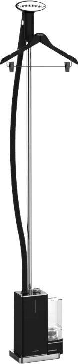 Vapeur de vêtements noir et argent. Cintre, tête de vapeur, réservoir d'eau. Fond blanc.
