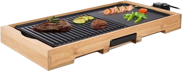 Gril électrique avec aliments : steak, légumes et brochettes sur cadre bambou.