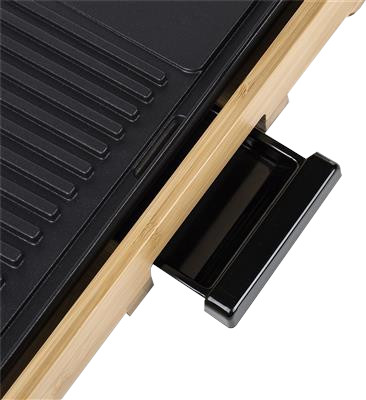 Gril noir avec un plateau amovible. Le gril est en métal noir et en bois.