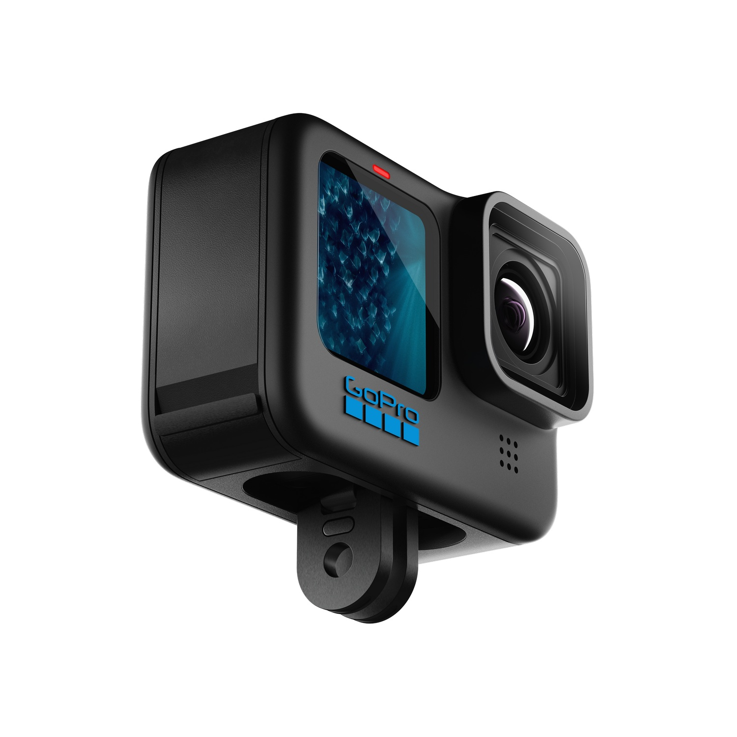 Cámara GoPro negra con pantalla, toma en ángulo.