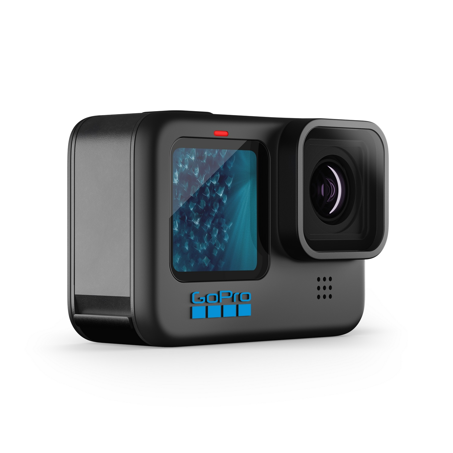 Cámara GoPro negra, con lente y pantalla que muestra un patrón azul.