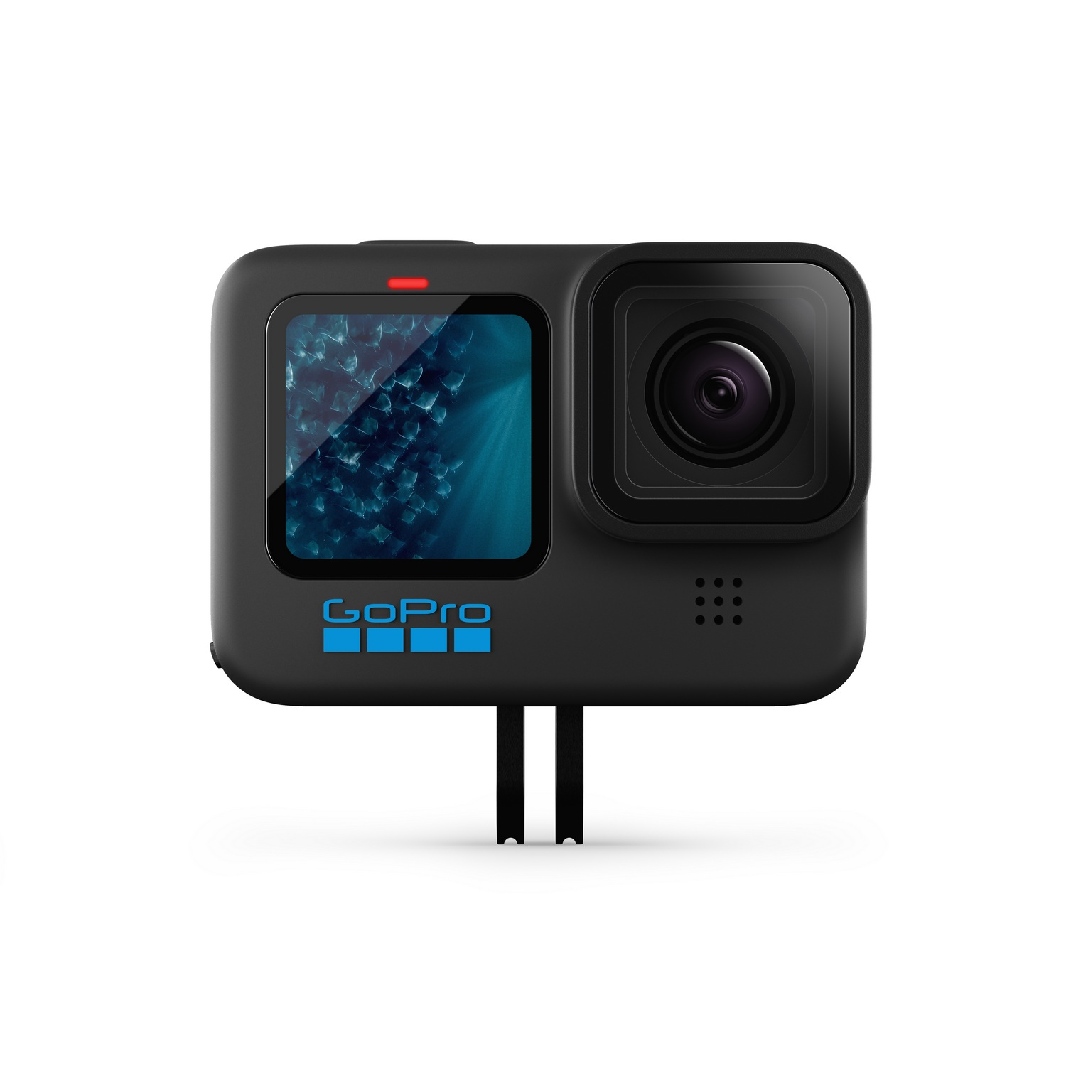 Una cámara GoPro negra con pantalla frontal, lente y logotipo de GoPro, sobre un fondo blanco.