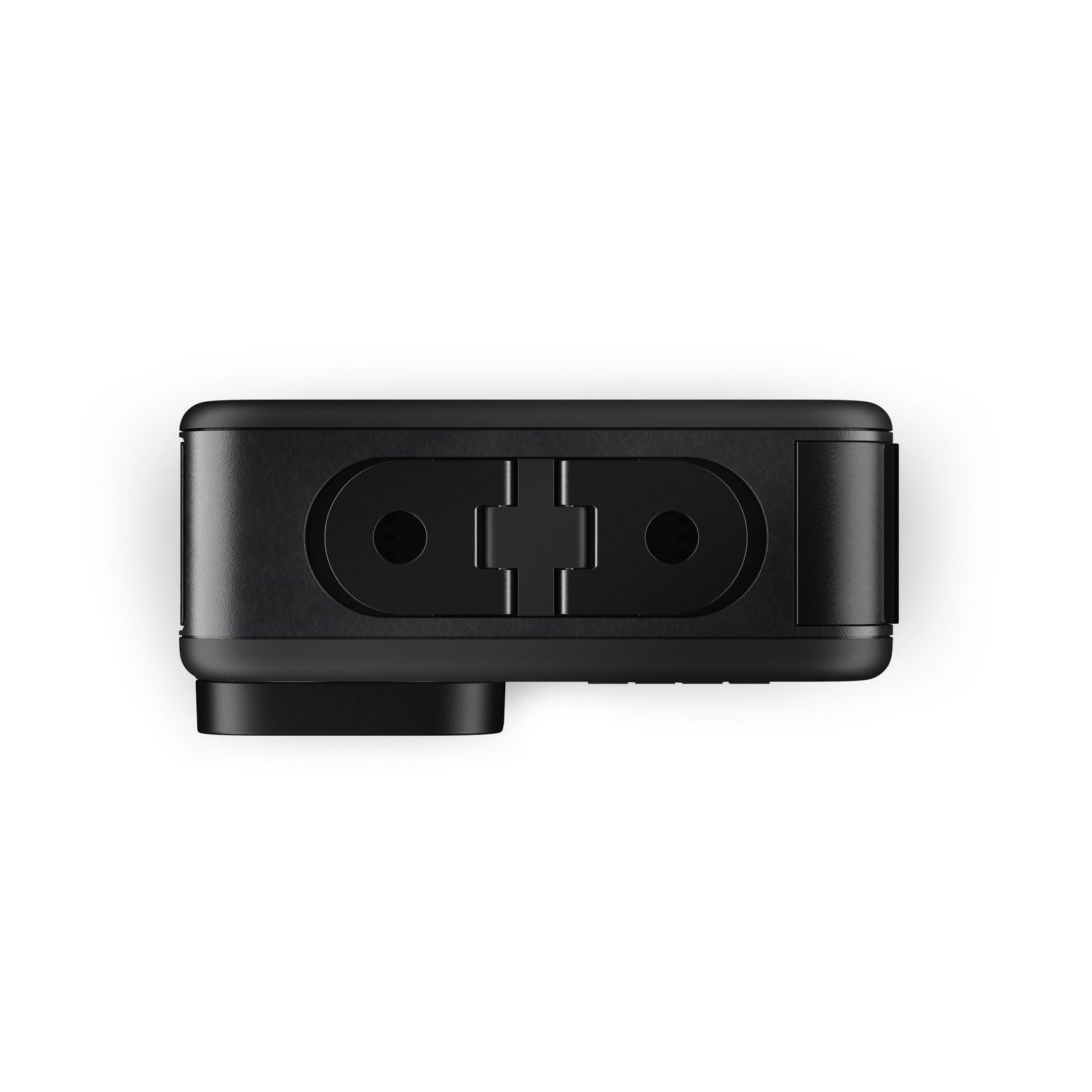 Un dispositivo rectangular negro con dos agujeros circulares y un cilindro más pequeño, fondo blanco.