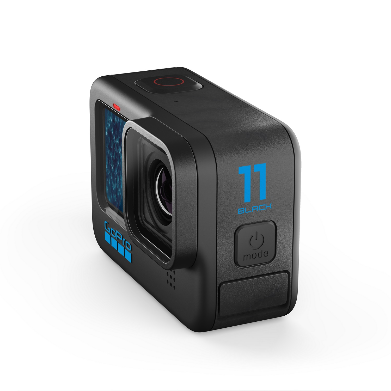 Una cámara GoPro negra con la etiqueta '11 Black' y 'mode', sobre un fondo blanco.