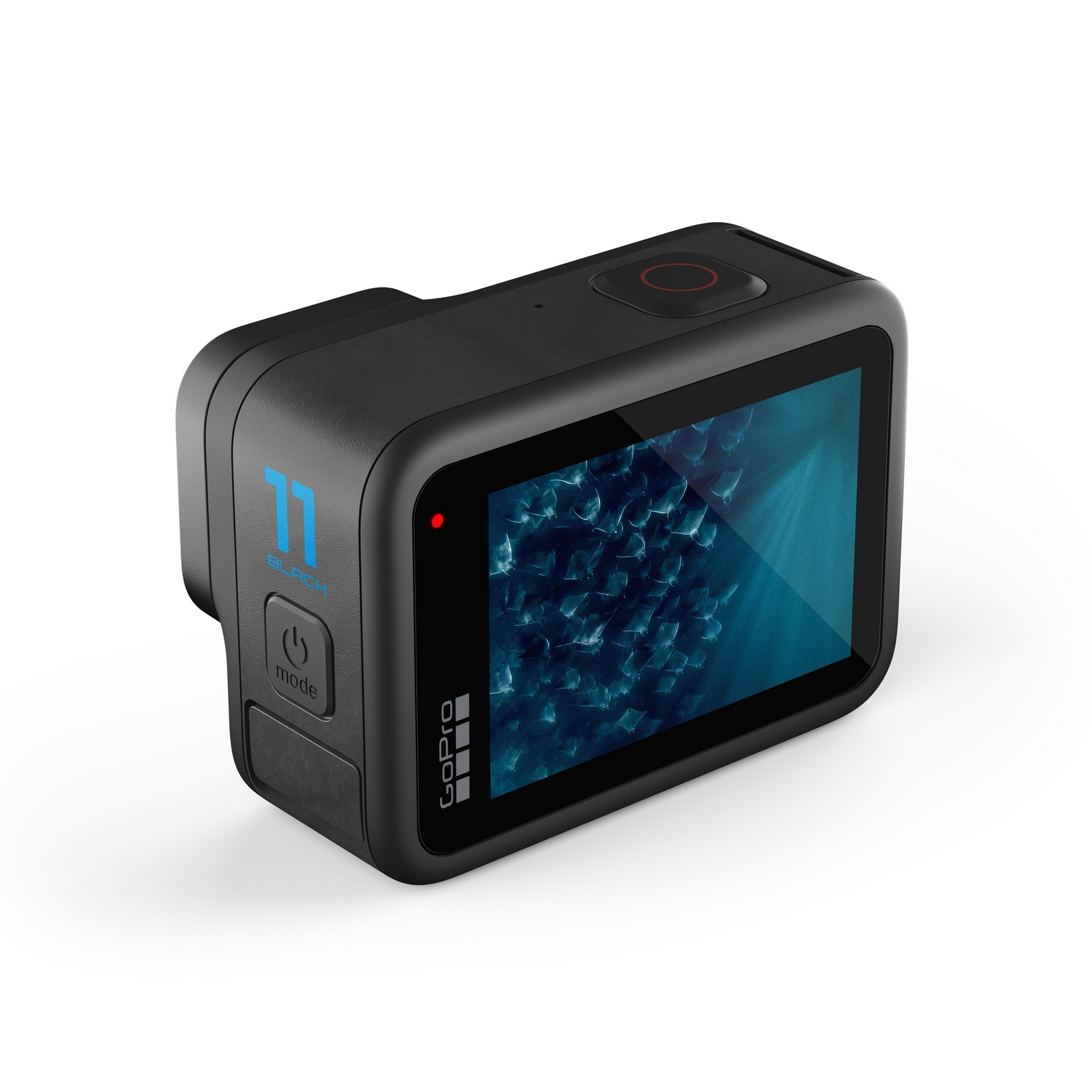 Cámara GoPro negra. La pantalla muestra una imagen azul. Botones y logo visibles.