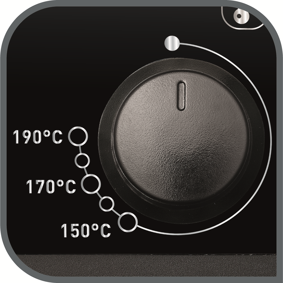 Primer plano de un dial de horno con ajustes de temperatura: 150°C, 170°C y 190°C. El dial está en 0.