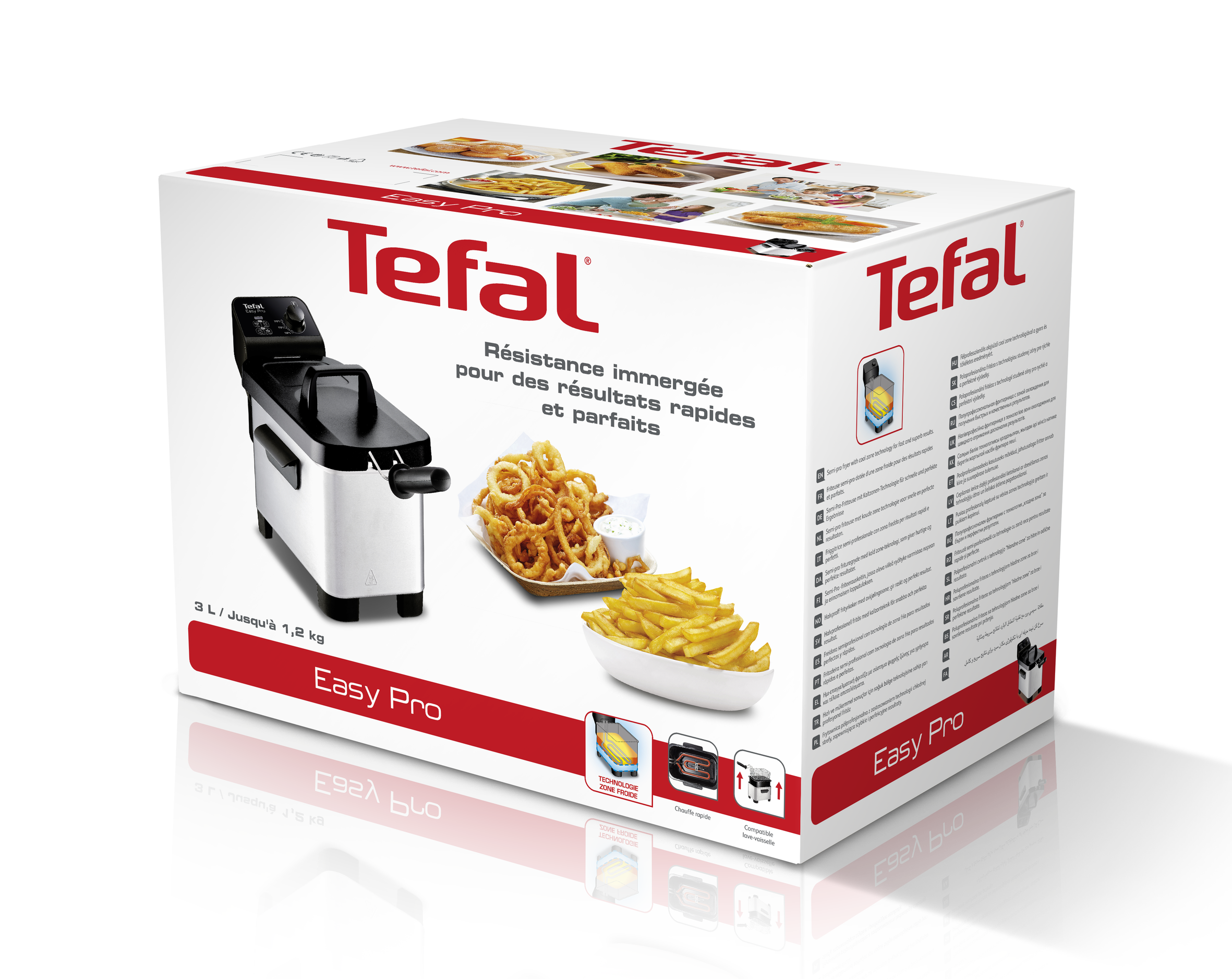 Caja de freidora Tefal Easy Pro con imágenes de comida y detalles del producto.