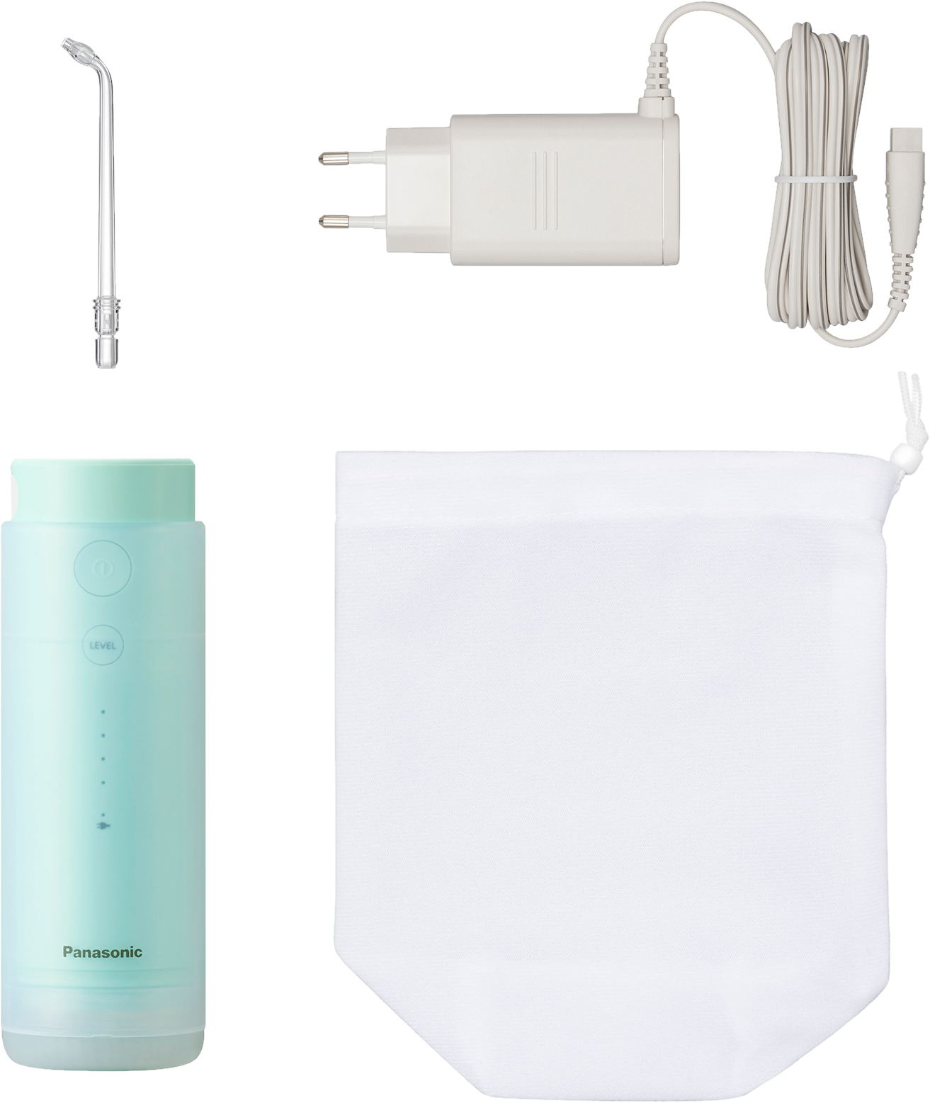 Un ensemble de jet dentaire, chargeur et sac. L'hydropulseur est vert clair et blanc.