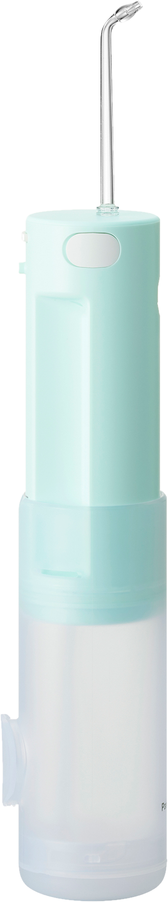 Un hydropulseur oral vert menthe et blanc avec un réservoir d'eau transparent.
