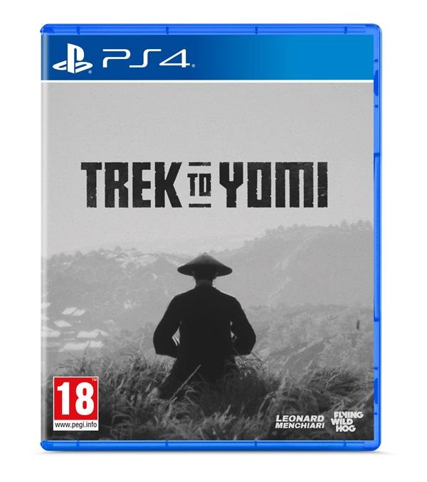 Gamebox voor 'Trek to Yomi' op PS4. Een silhouet van een figuur met een hoed staat in een veld. De speltitel staat bovenaan.