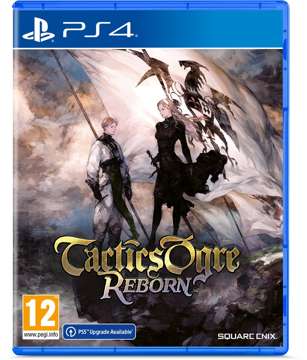PS4 game cover. Twee figuren staan met zwaarden voor een witte banner. Titel is 'Tactics Ogre Reborn'.