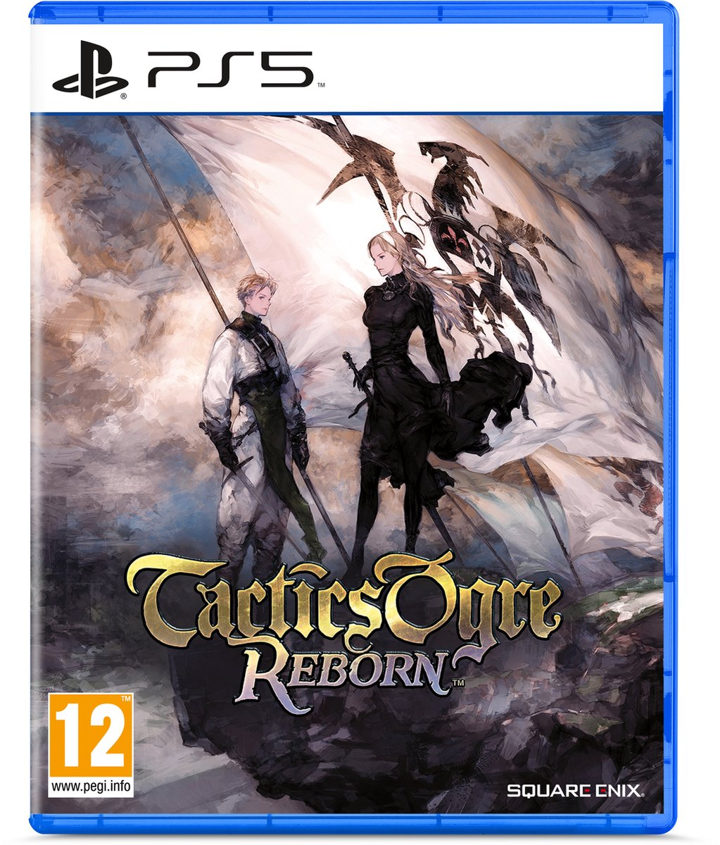 Game cover: twee figuren met zwaarden, gouden titel, blauwe rand, PS5 logo.