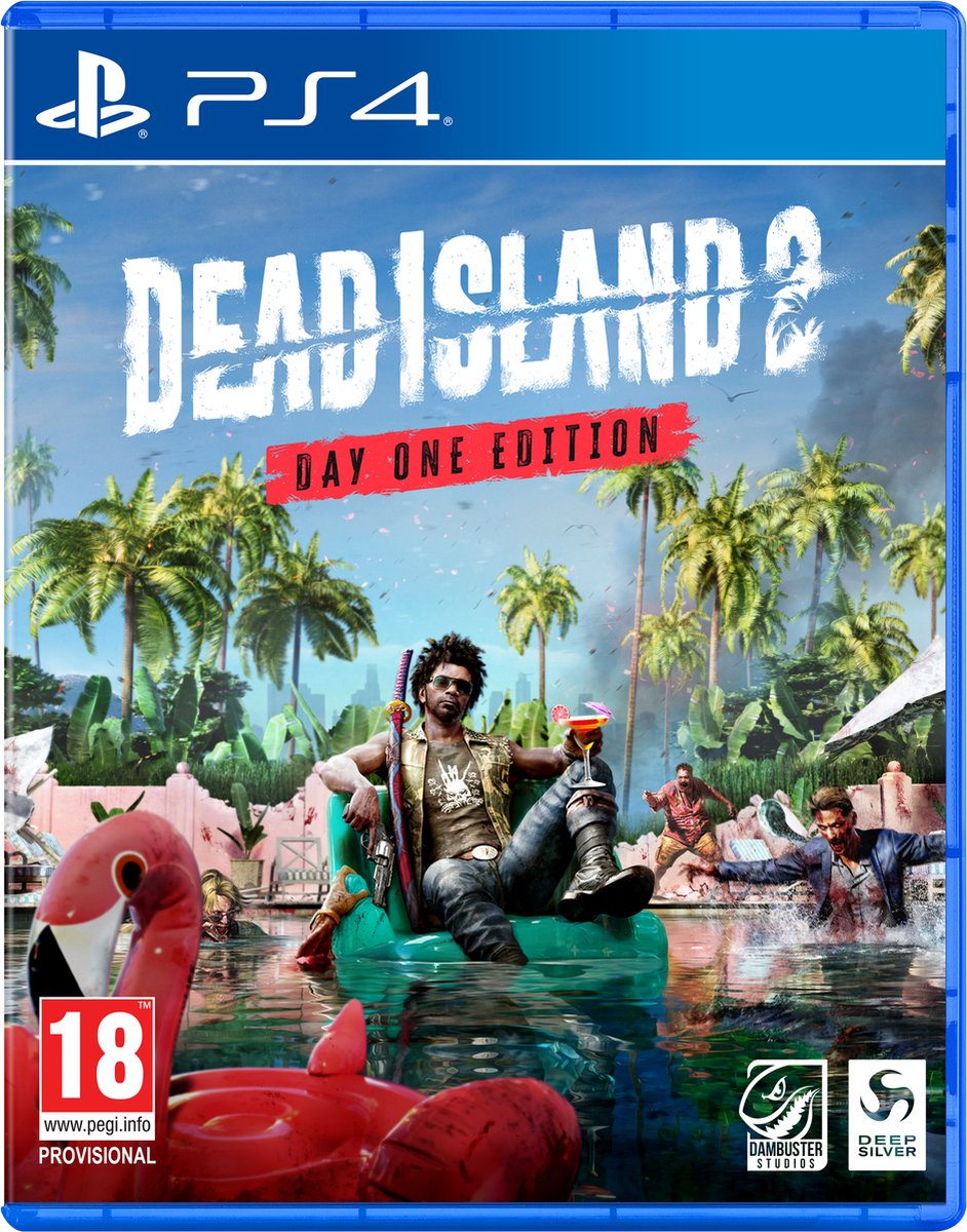 Game cover voor 'Dead Island 2' met een man met een cocktail en een flamingo-drijver.