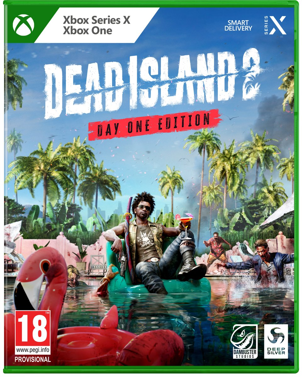 Dead Island 2 gamebox met man op vlot in water, palmbomen en zombies.