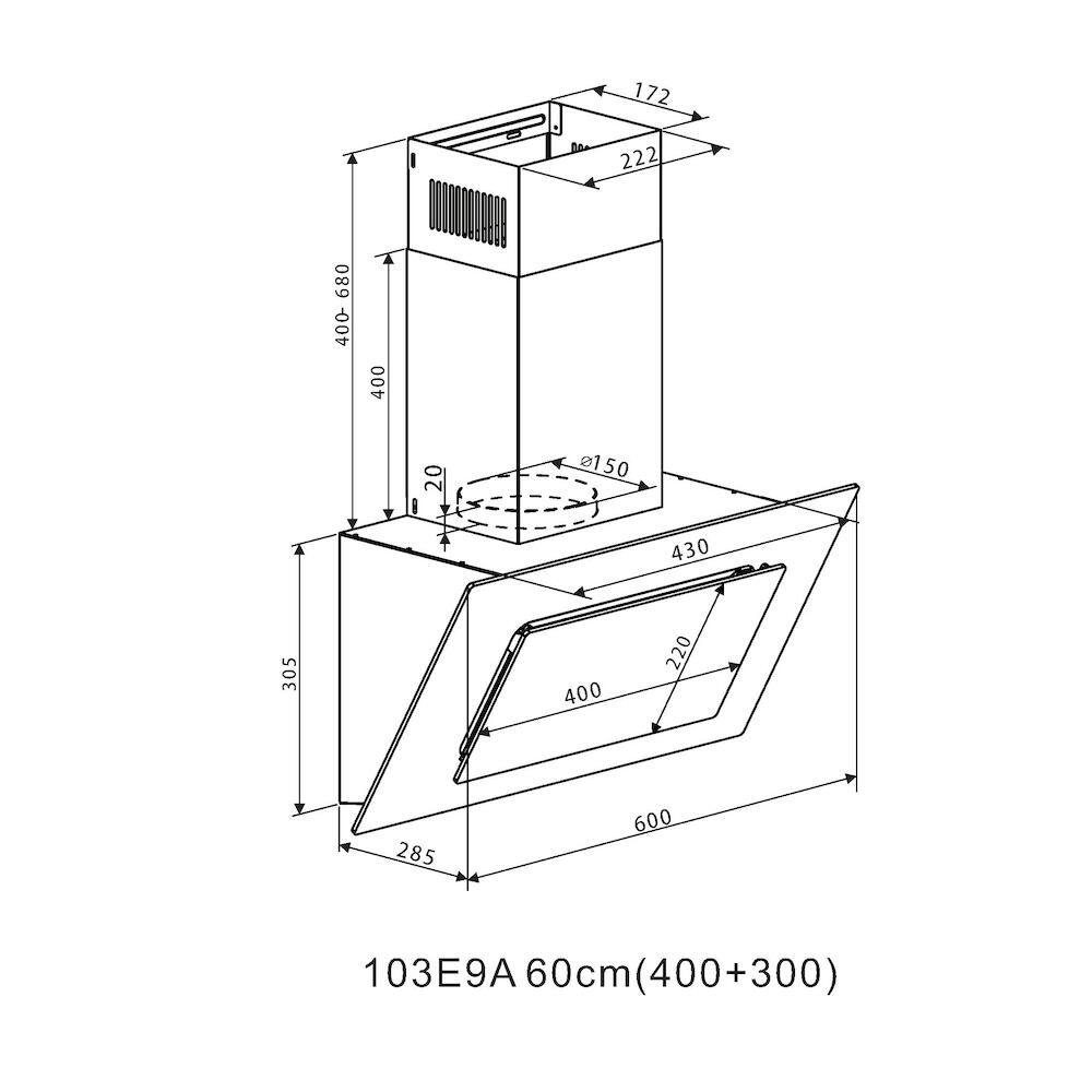 Dibujo técnico de una campana extractora de cocina con dimensiones y medidas etiquetadas.