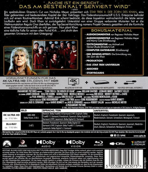 Rückseite einer Star Trek DVD. Text und Bilder des Films, einschließlich Schauspieler und eine Zusammenfassung.