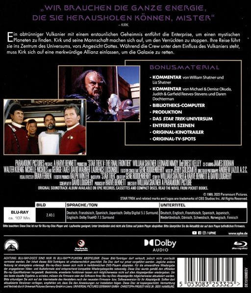 Rückseite eines Star Trek-Films. Text und Fotos von Schauspielern sind sichtbar.