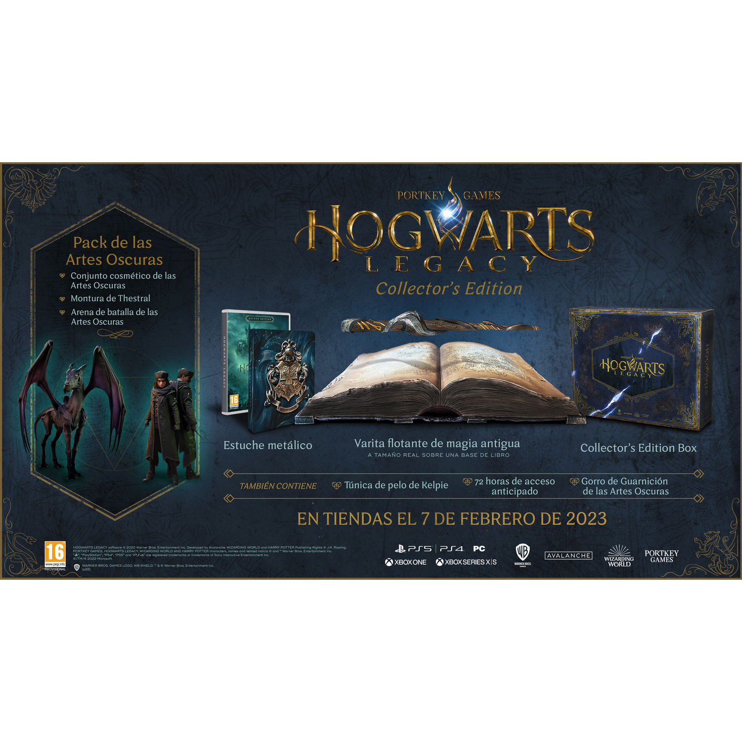 Set de caja de la edición de coleccionista de Hogwarts Legacy, con juego, libro y accesorios.