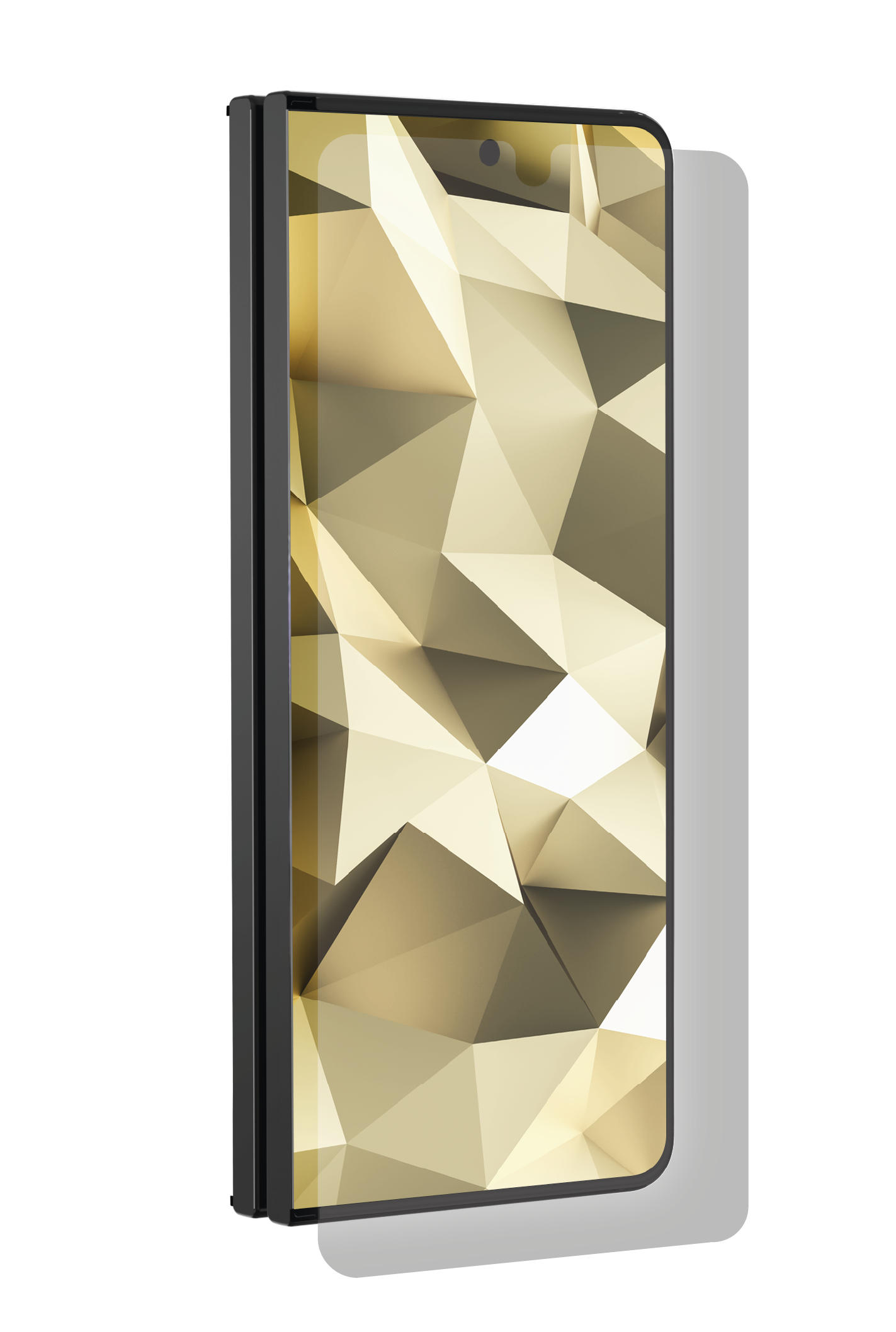 Ein gefaltetes Smartphone mit einem goldenen geometrischen Muster auf dem Bildschirm.