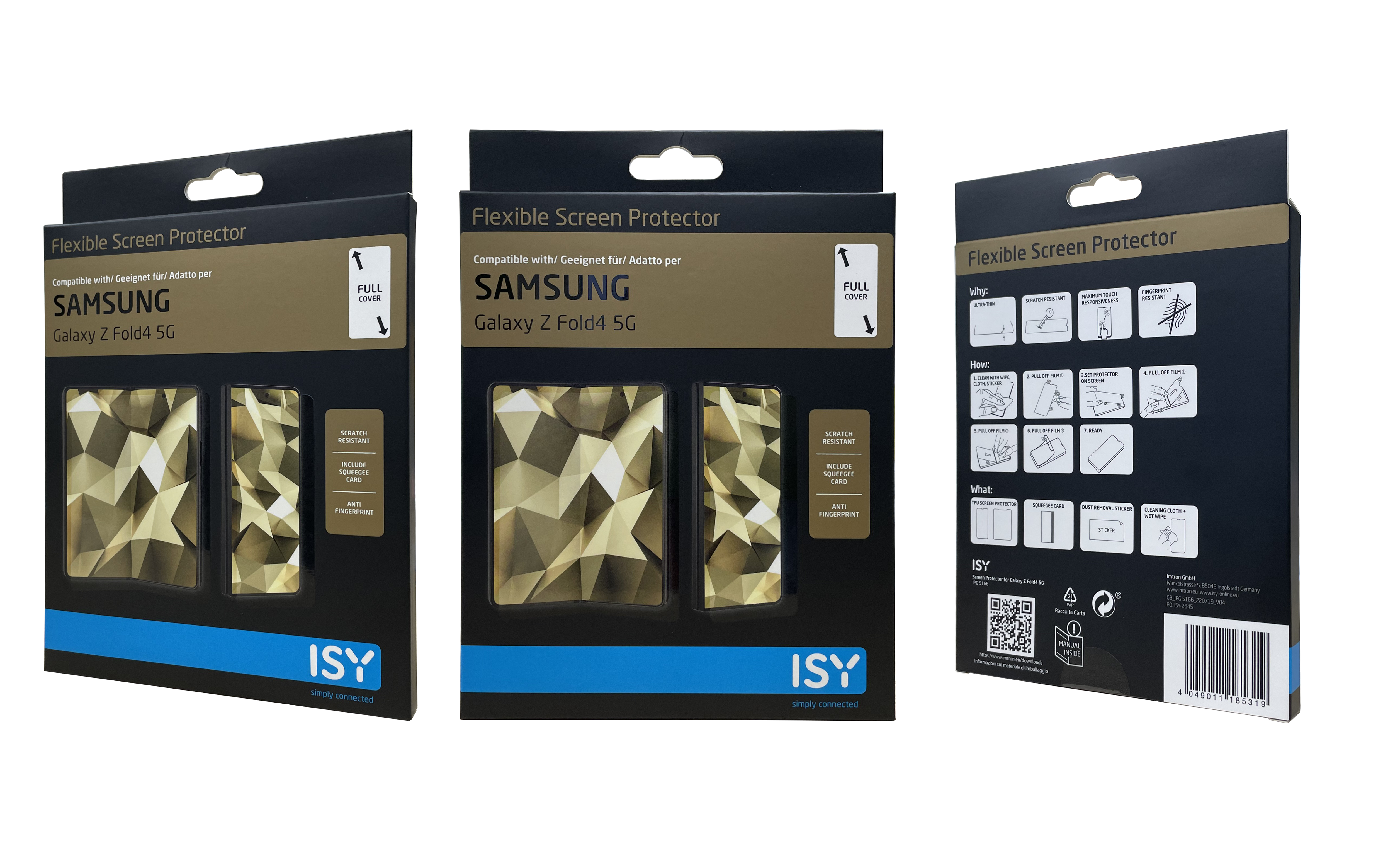 Drei Schachteln Samsung Galaxy Z Fold4 5G Displayschutzfolien, Goldmuster.