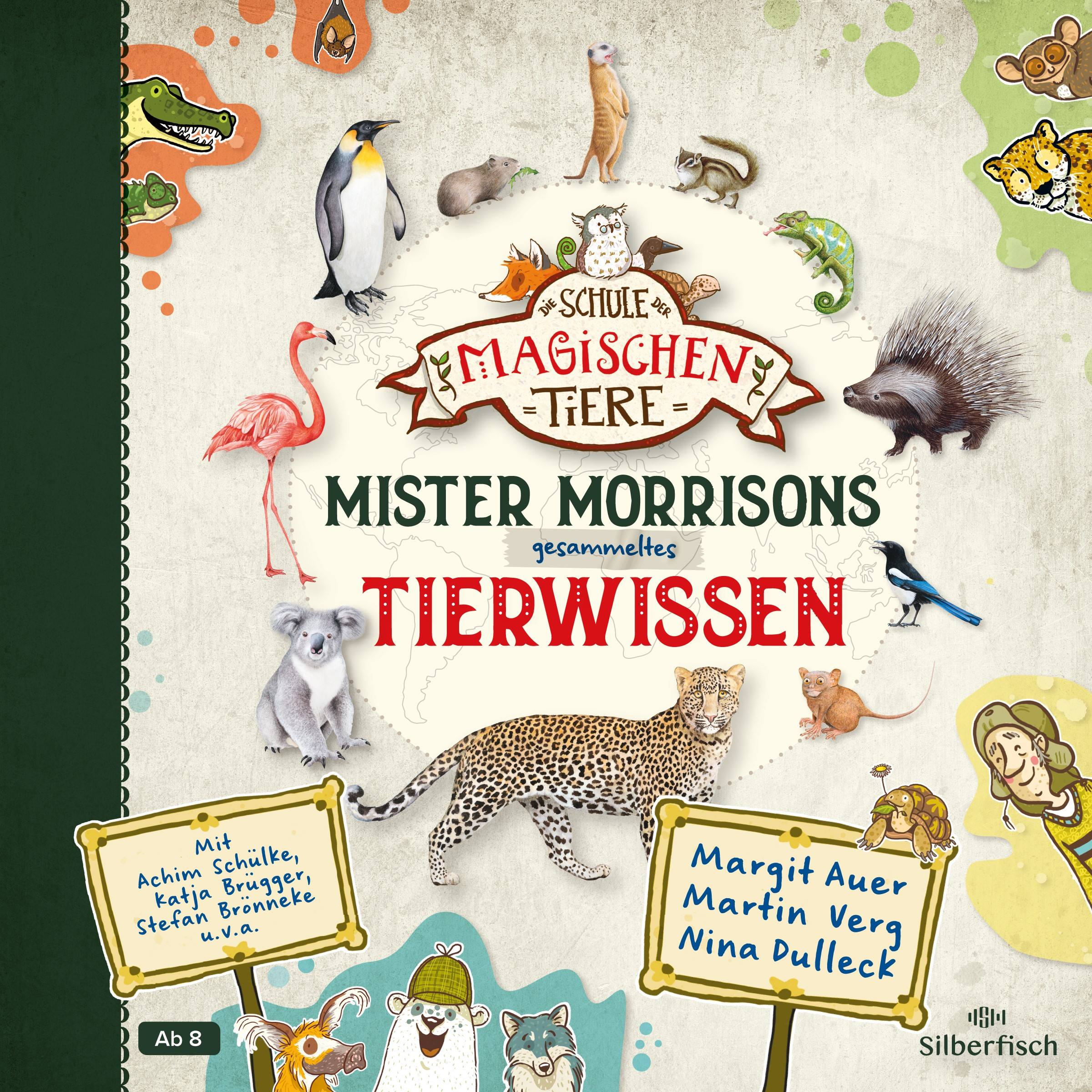 Buchcover "Die Schule der magischen Tiere" mit verschiedenen Tieren und Text.