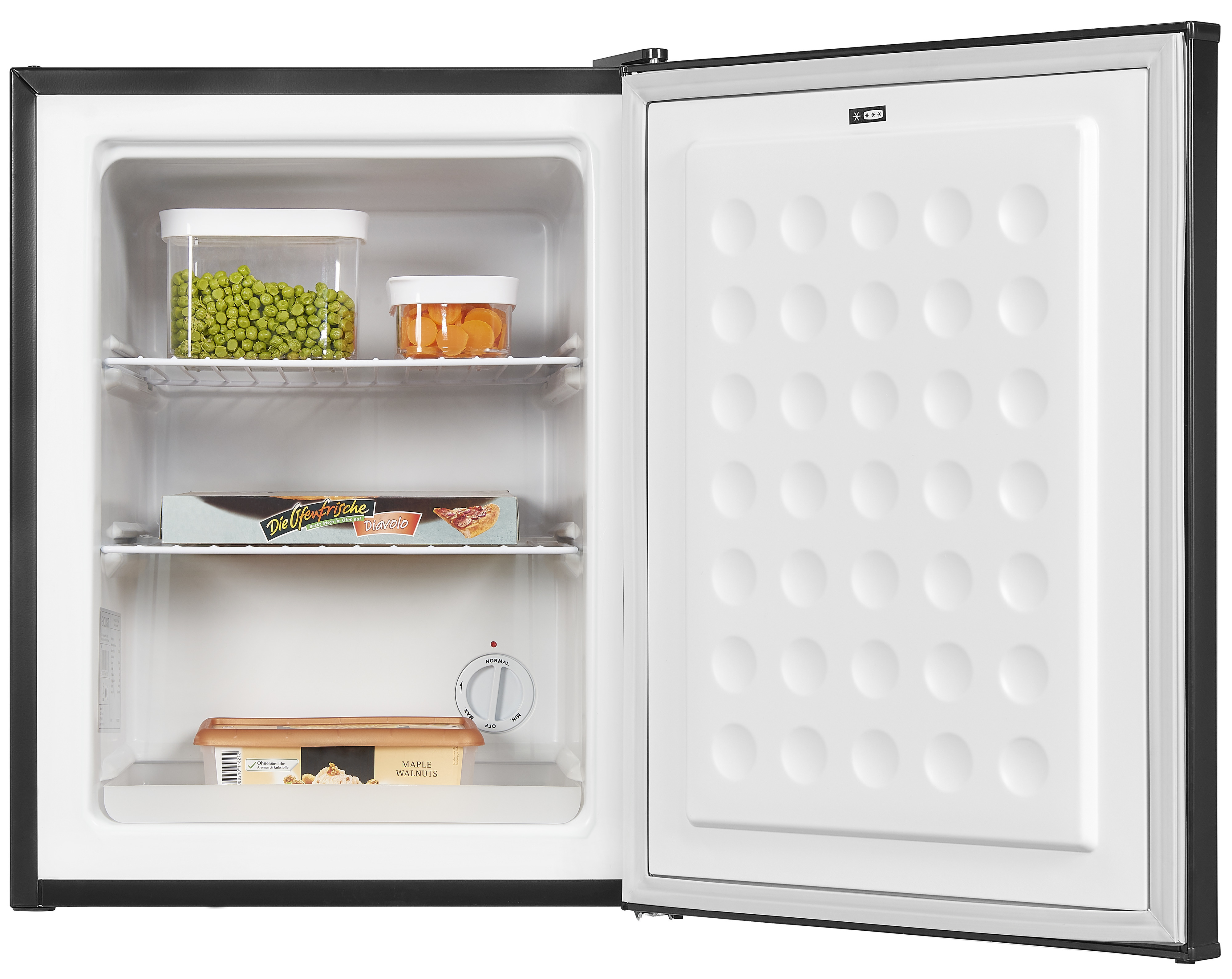 Ein kleiner Kühlschrank mit offener Tür, die Tiefkühlkost zeigt.