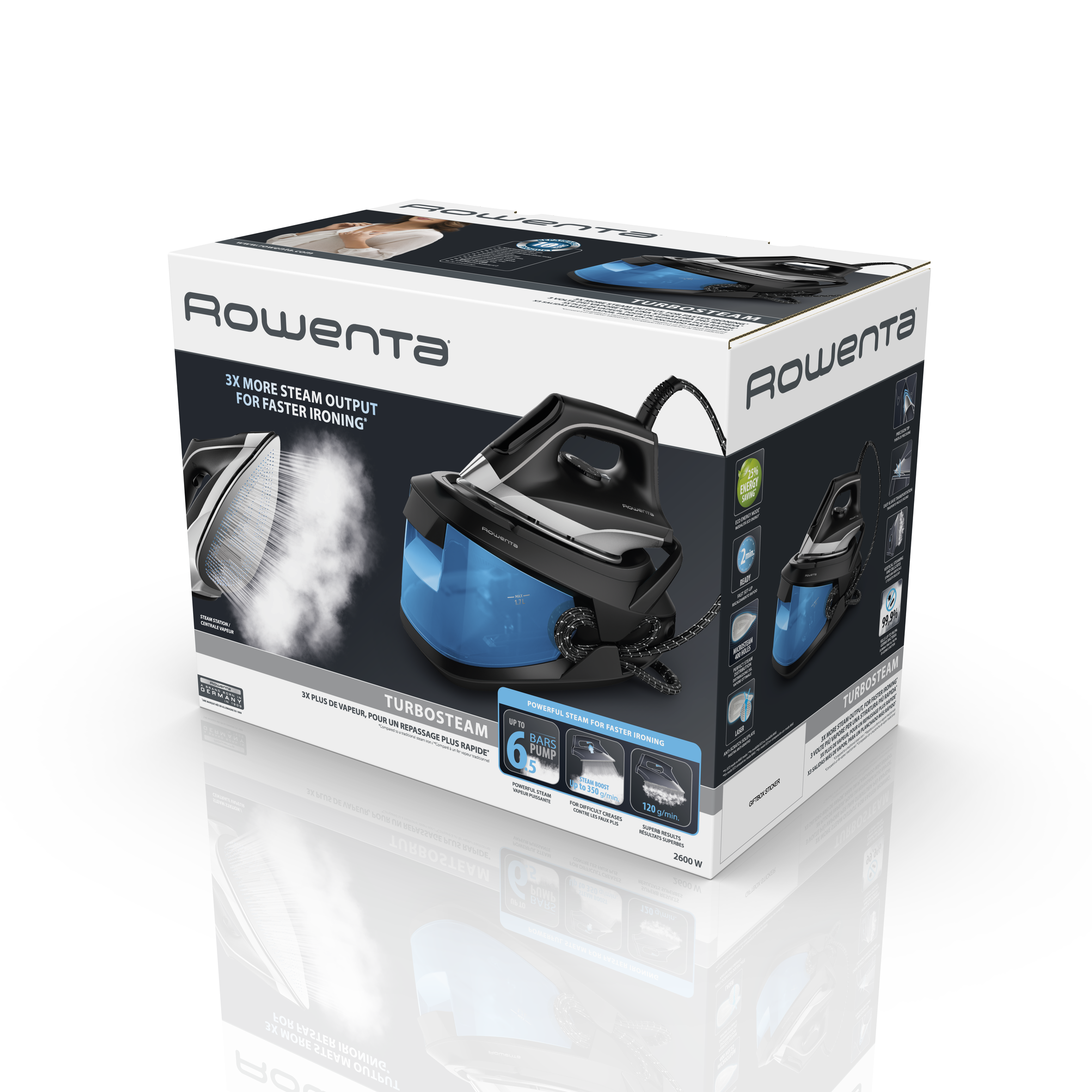 Una caja blanca con una plancha negra y azul. Tiene el logotipo de Rowenta.