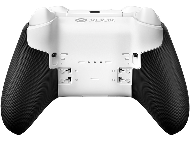 Die Rückseite eines weißen Xbox Elite Series 2 Controllers, der die Knöpfe und das Xbox-Logo zeigt.