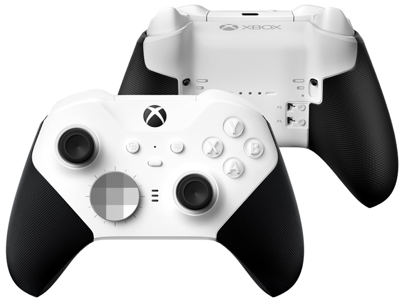 Weißer Xbox-Controller, Vorder- und Rückansicht. Schwarze Griffe und Knöpfe.