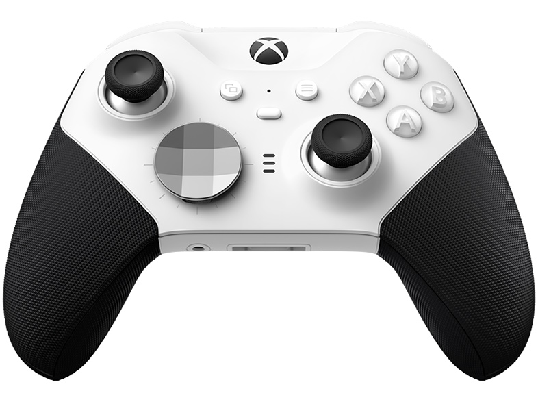 Ein weißer Xbox-Controller mit schwarzen Akzenten. Er hat schwarze Joysticks und Knöpfe.