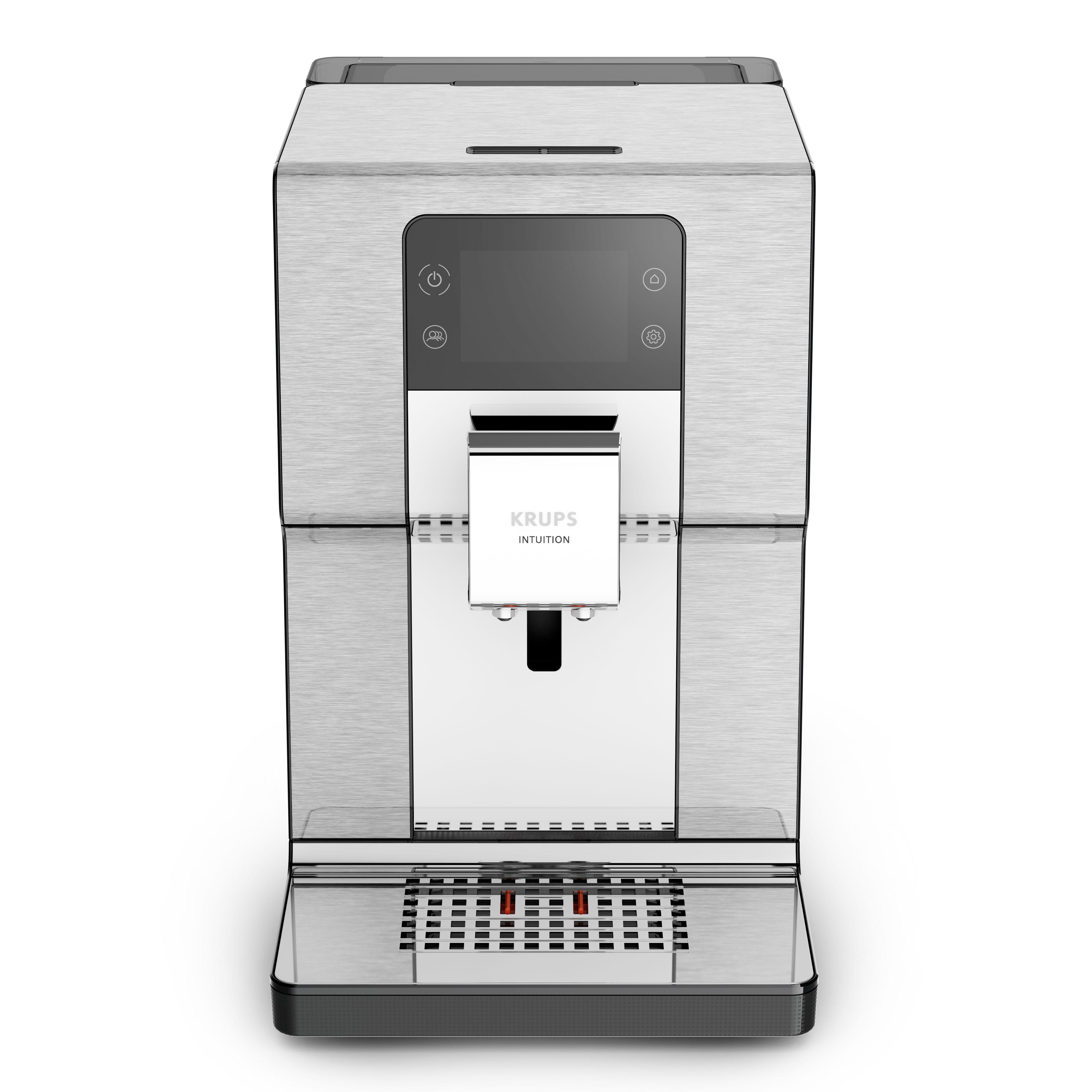 Eine silberne und schwarze Krups Intuition Espressomaschine, Vorderansicht, weißer Hintergrund.