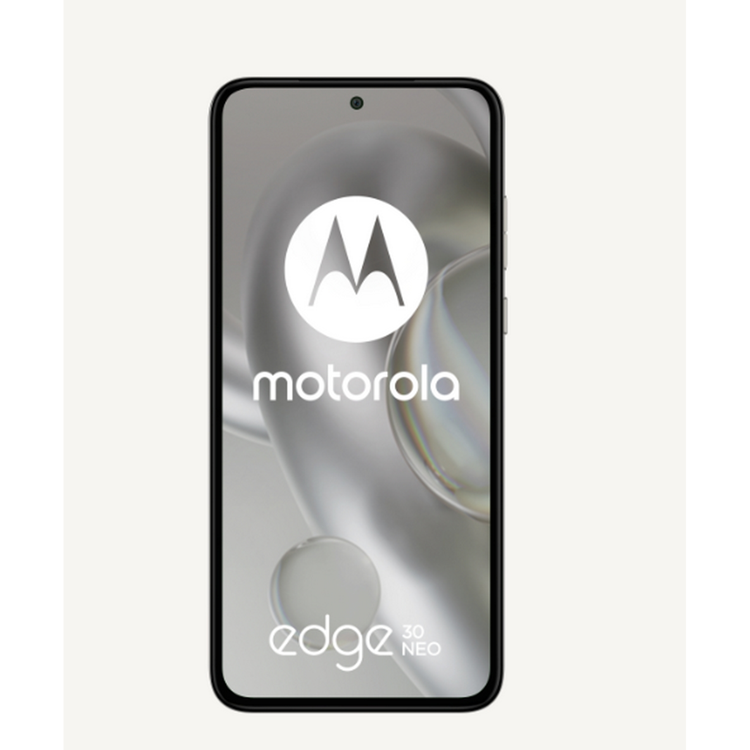 Smartphone Motorola Edge 30 Neo en vista frontal. La pantalla muestra el logo de Motorola.
