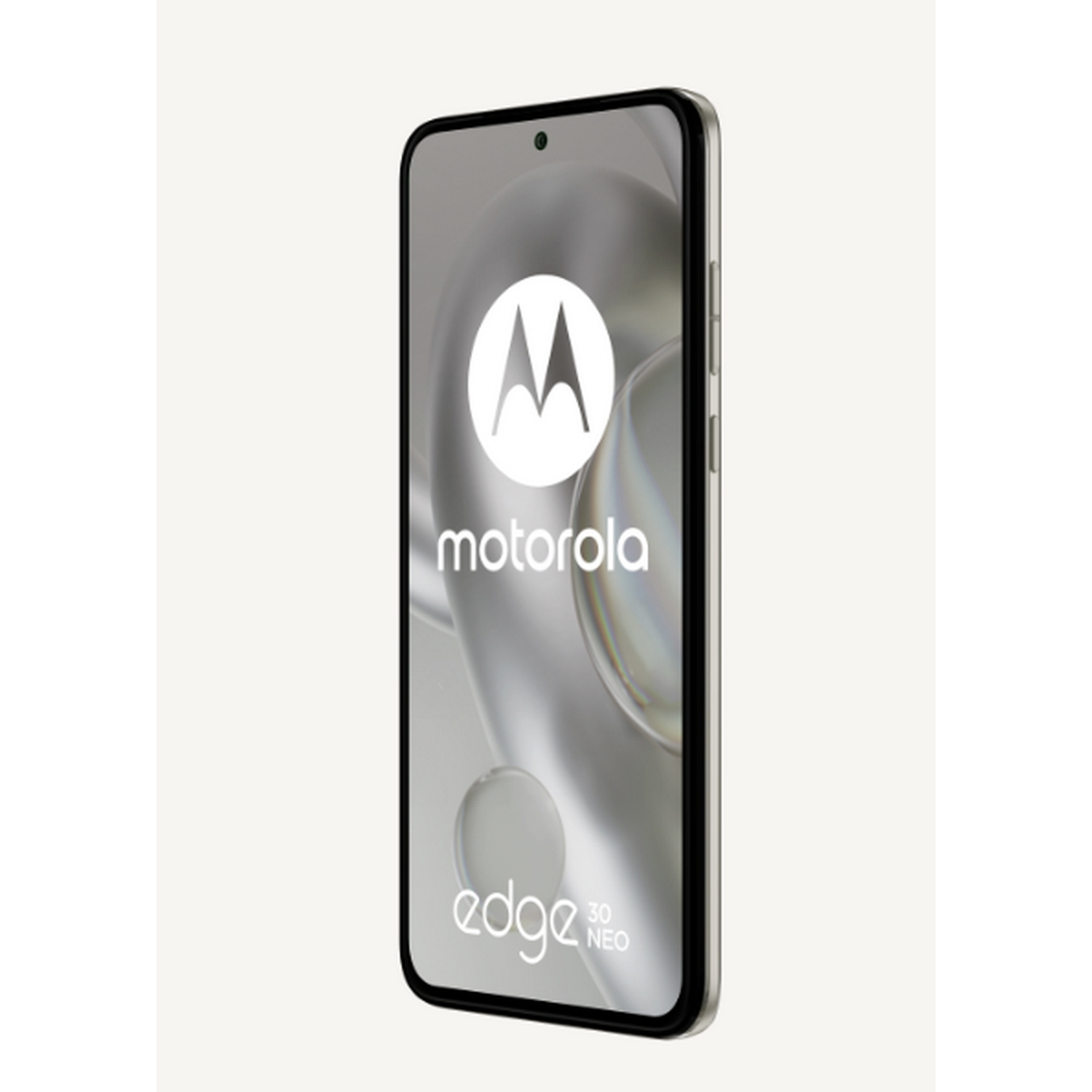 Teléfono Motorola Edge 30 Neo, marco plateado, fondo blanco, pantalla muestra el logotipo de Motorola y Edge 30 Neo.