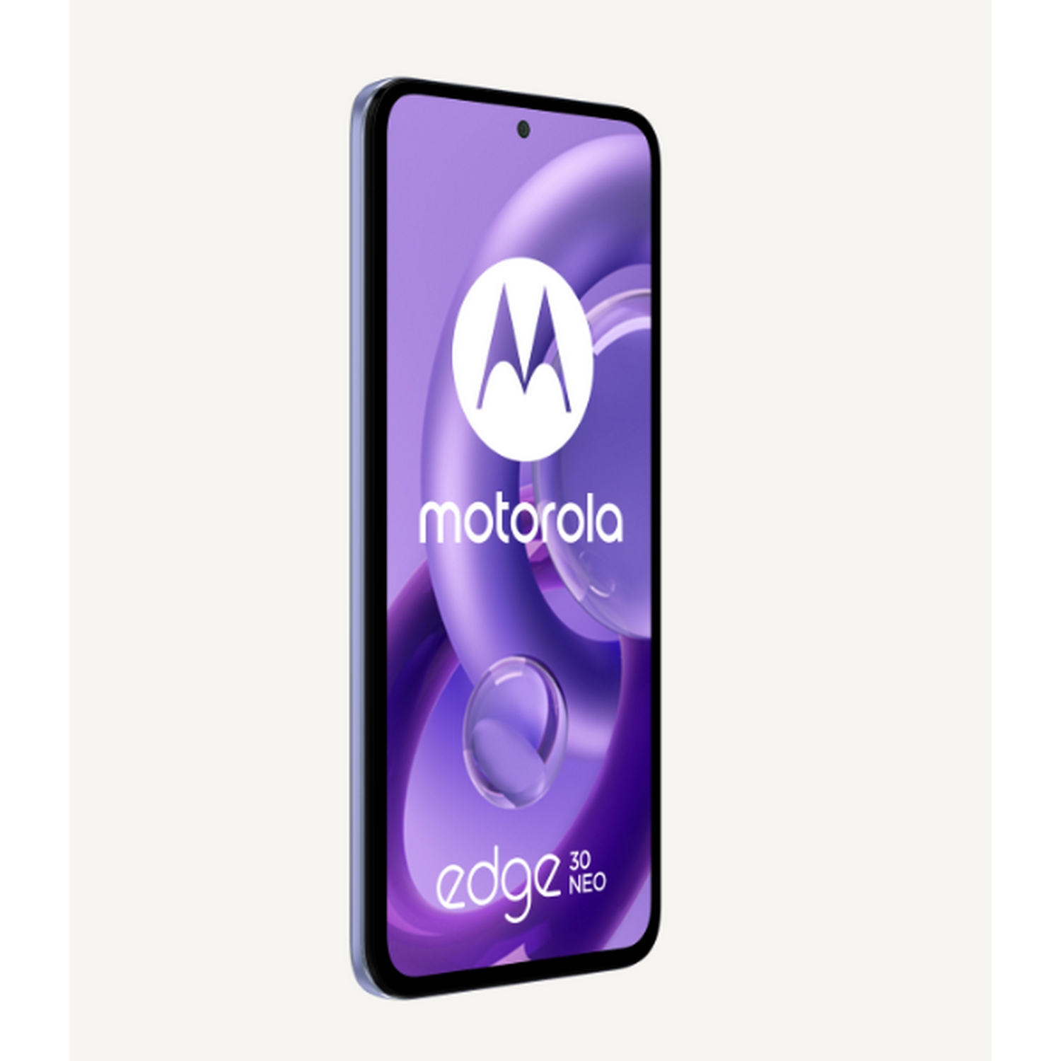 Smartphone Motorola Edge 30 Neo con pantalla morada, logo Motorola blanco, sobre fondo blanco.
