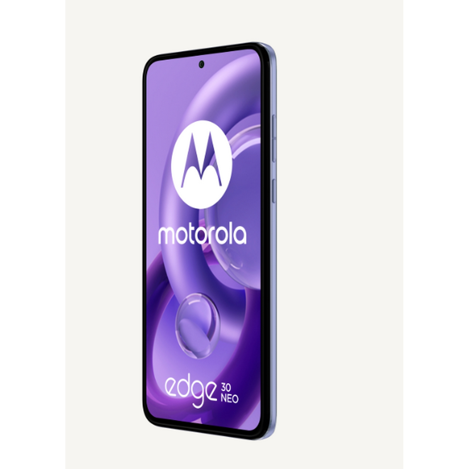 Teléfono Motorola, pantalla morada con logo. Marco negro, lados azul claro. Fondo blanco.