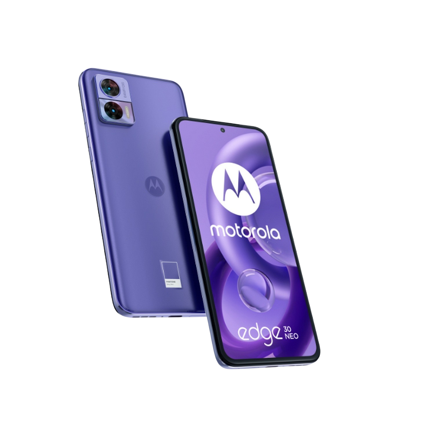 Dos teléfonos morados, uno en ángulo, mostrando el logo de Motorola y el texto edge NEO.