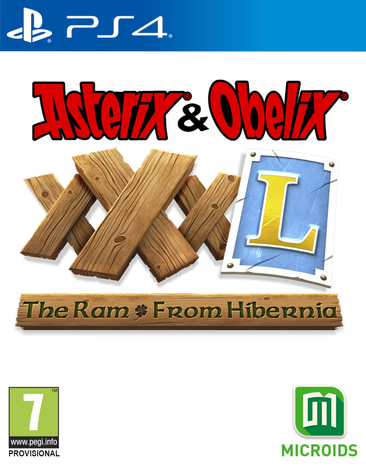 PS4 game cover: Asterix & Obelix game, met de titel in rood en wit. PS4 logo linksboven.