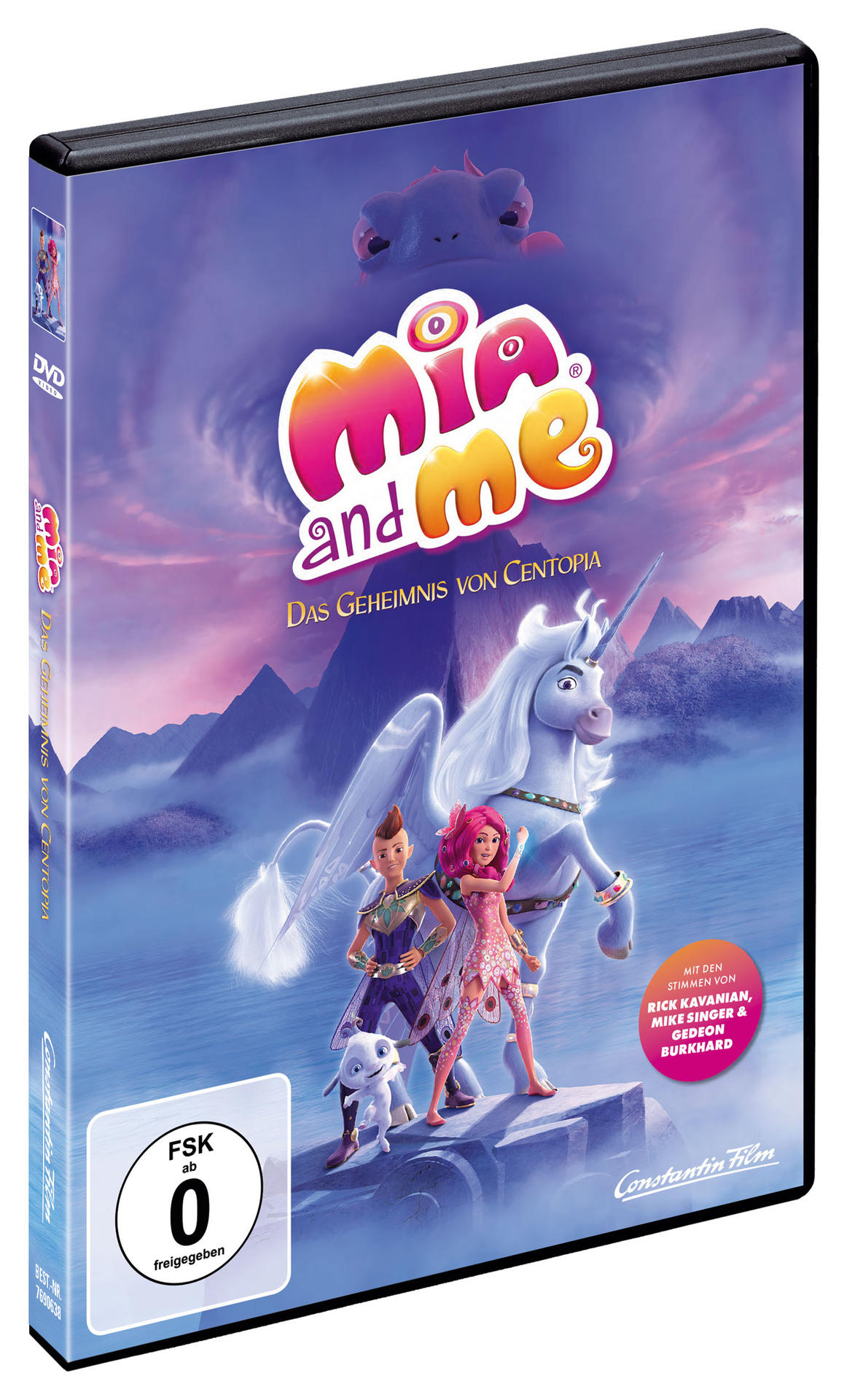 DVD-Hülle von Mia and Me. Charaktere auf einem Stein, Einhorn im Hintergrund.