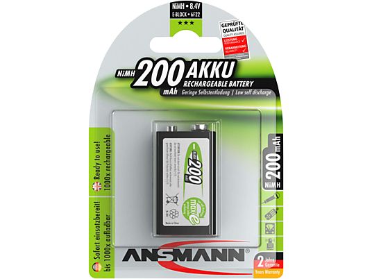 ANSMANN maxE 9V E-Block 6F22 - Wiederaufladbare Batterie (Schwarz)