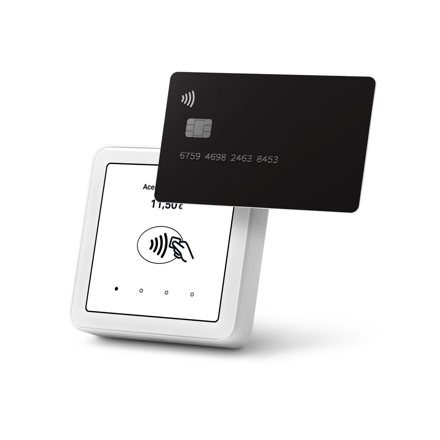 Tarjeta de crédito negra sobre un lector de tarjetas blanco, con pantalla digital.