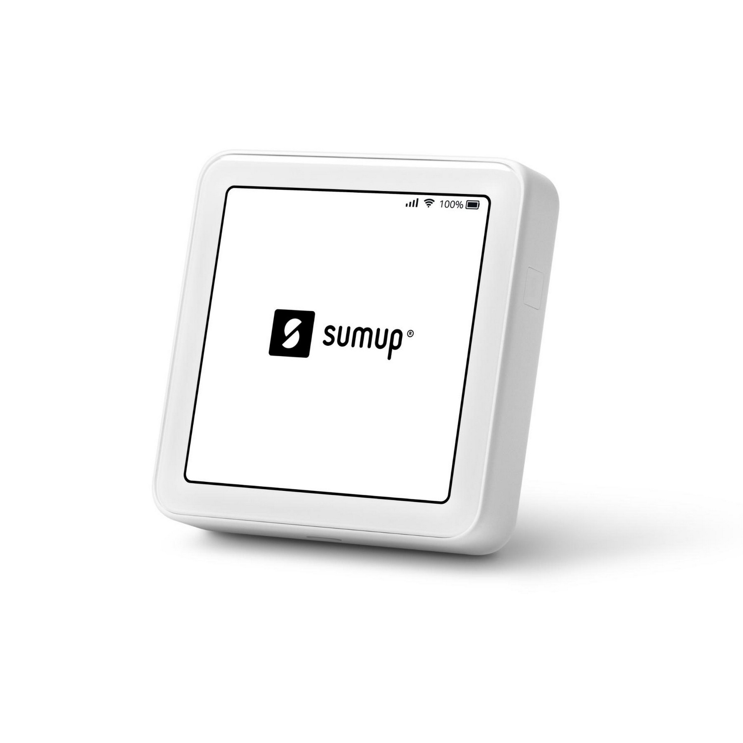 Un lector de tarjetas SumUp blanco con pantalla, logo y batería.