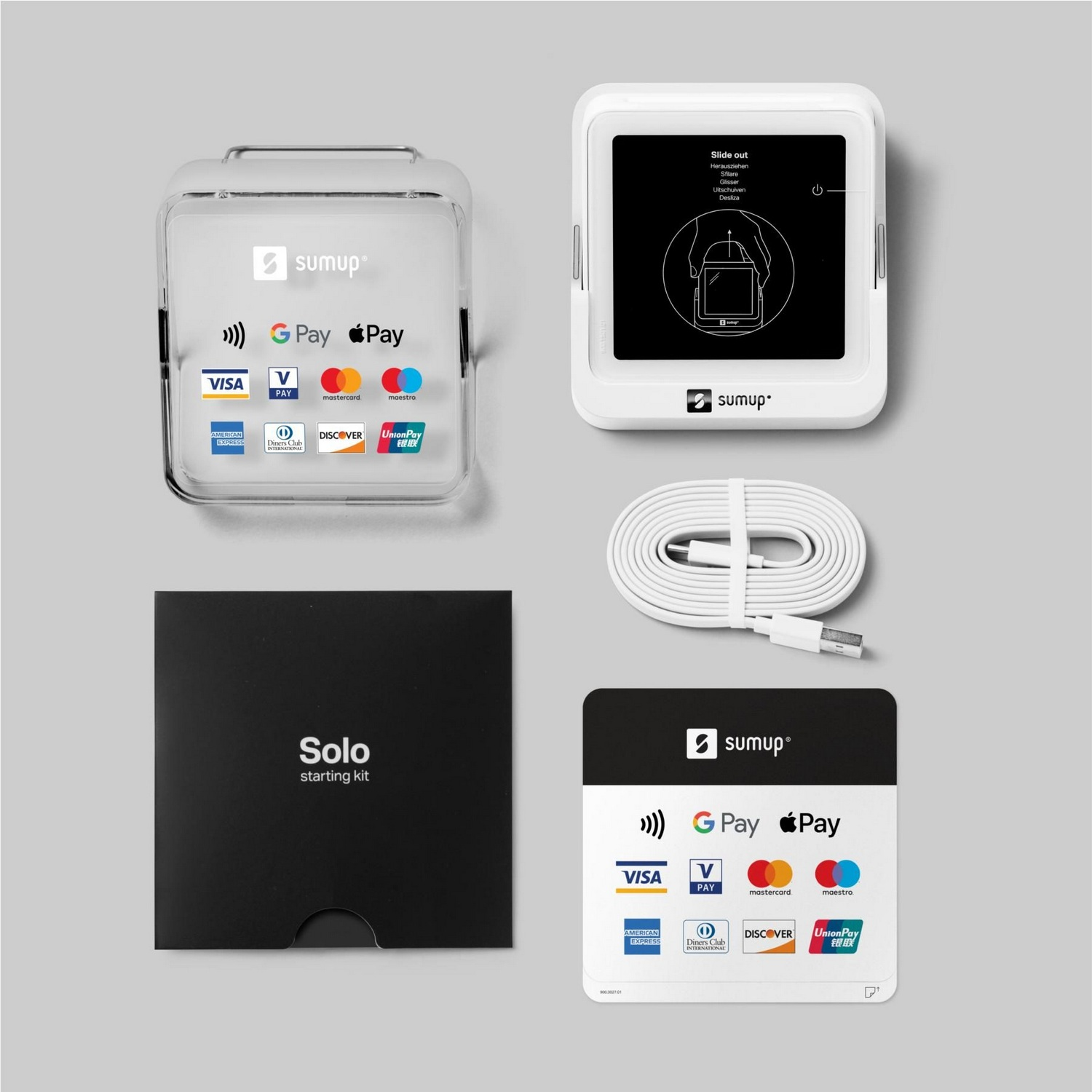 Kit lector de tarjetas SumUp, dispositivo blanco con pantalla, caja negra, cable blanco e imágenes de tarjetas.